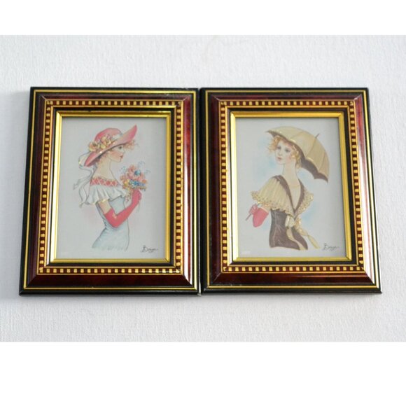 Pair Of Pictures Victorian Ladies Framed 5 x 6 Signed Bergan Home Decor Wall Art - Picture 1 of 7